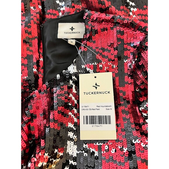 NEW TUCKERNUCK Sequin Pierre Dress Red Houndstooth Plaid Size Medium - Picture 9 of 11
